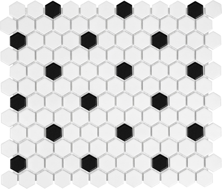 Glazed Porcelain Hexagon Mosaic Tiles - 1 Inch Black and White Tiles - 8.15 Sq Ft Box - Rocky Point Tile - Glass and Mosaic Tile Store