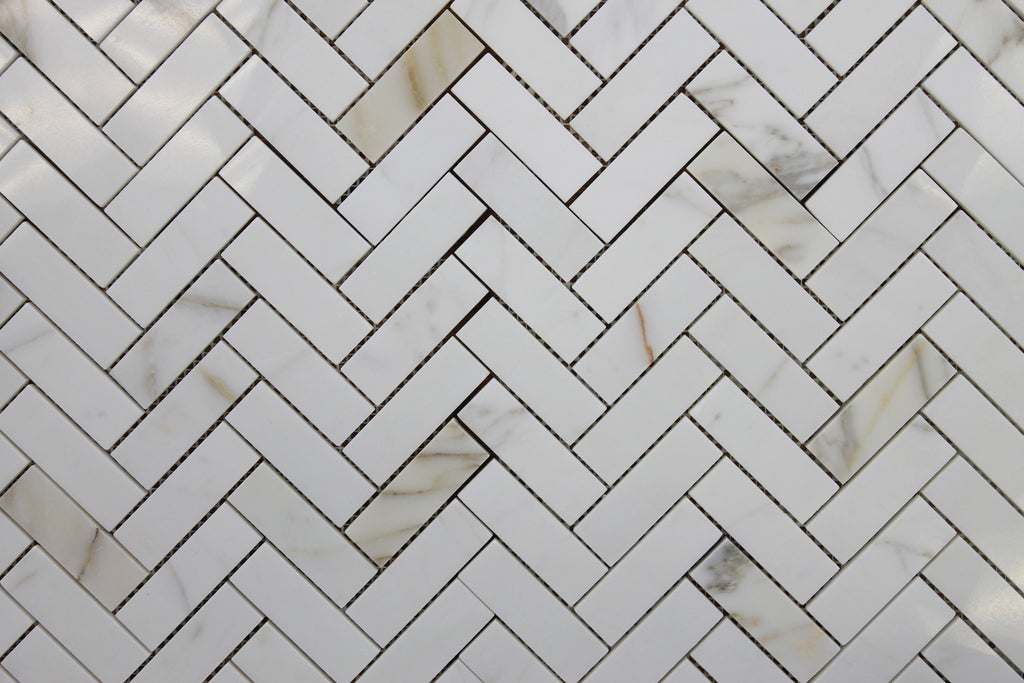 1 x 3 Calacatta Gold Marble Herringbone Mosaic Tiles - Rocky Point Tile - Glass and Mosaic Tile Store