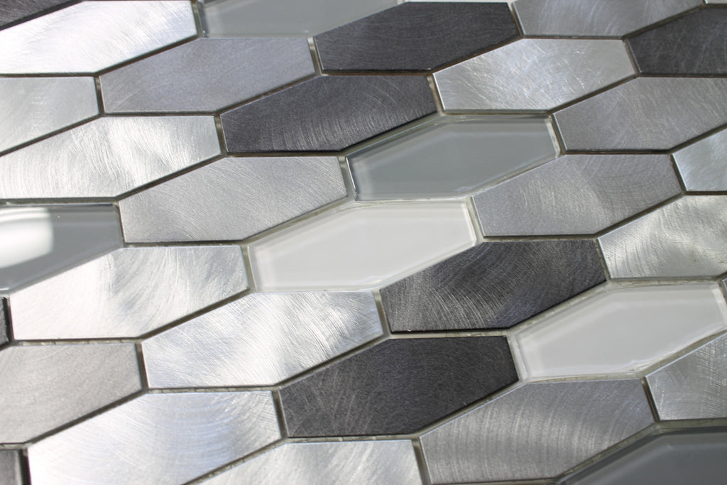 Metro Long Hexagon Brushed Aluminum and Glass Mosaic Tiles - Rocky Point Tile - Glass and Mosaic Tile Store