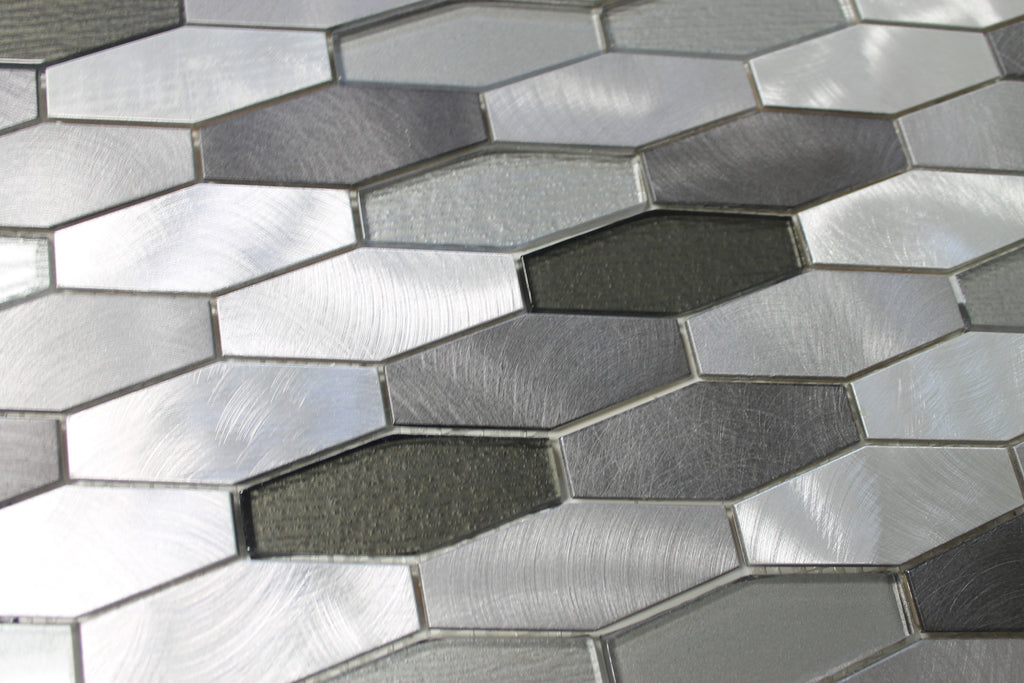 Kings Cross Long Hexagon Brushed Aluminum and Glass Mosaic Tiles - Rocky Point Tile - Glass and Mosaic Tile Store