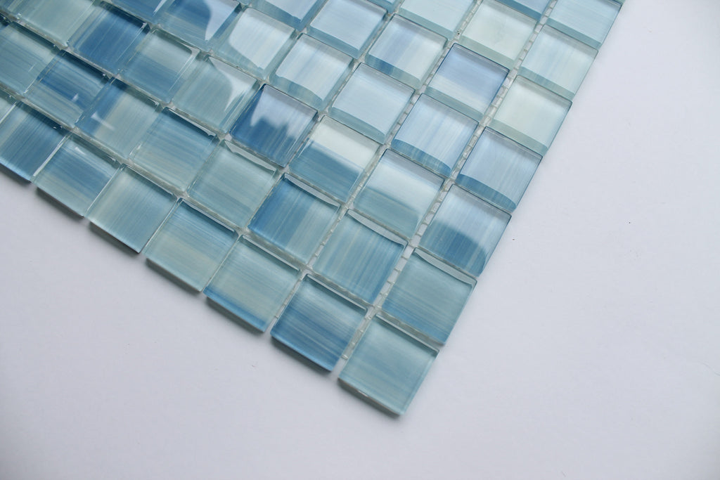 Blue Skies Hand Painted 1x1 Glass Mosaic Tiles - Blue and White - Rocky Point Tile - Glass and Mosaic Tile Store