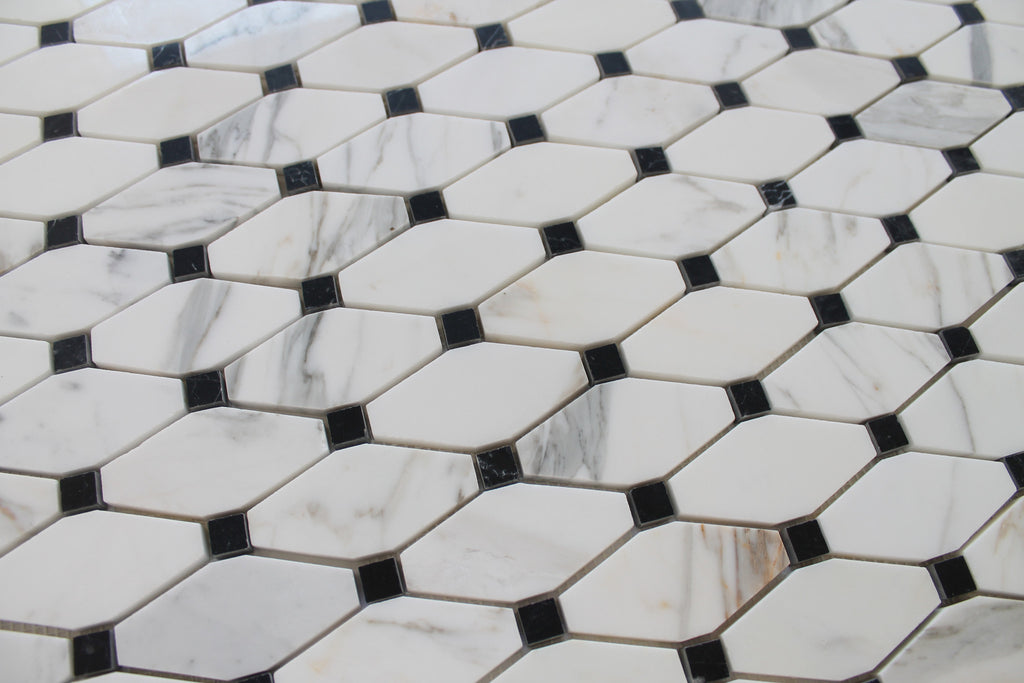 Octagon with Black Dot Calacatta Gold Polished Marble Mosaic Tiles - Rocky Point Tile - Glass and Mosaic Tile Store