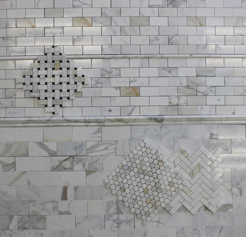 1 x 3 Calacatta Gold Marble Herringbone Mosaic Tiles - Rocky Point Tile - Glass and Mosaic Tile Store