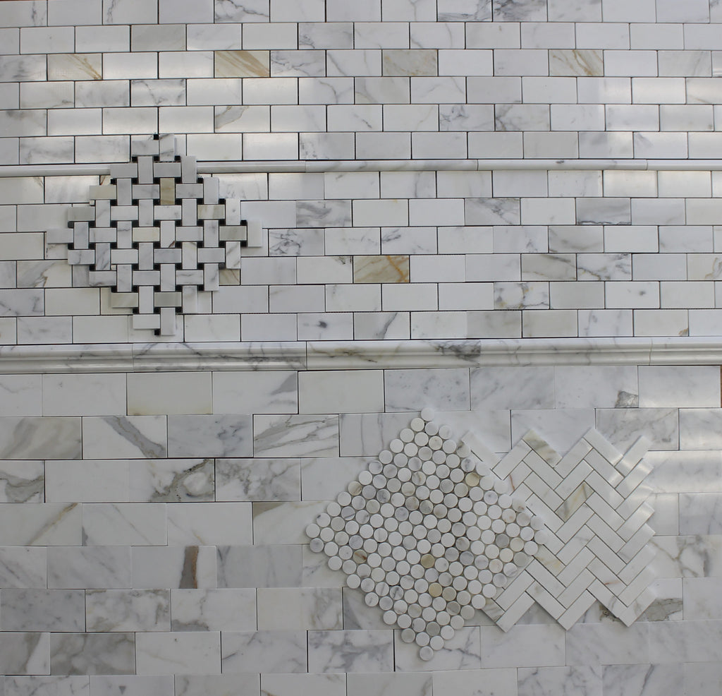 Calacatta Gold Basket Weave with Black Dot Polished Marble Mosaic Tiles - Rocky Point Tile - Glass and Mosaic Tile Store