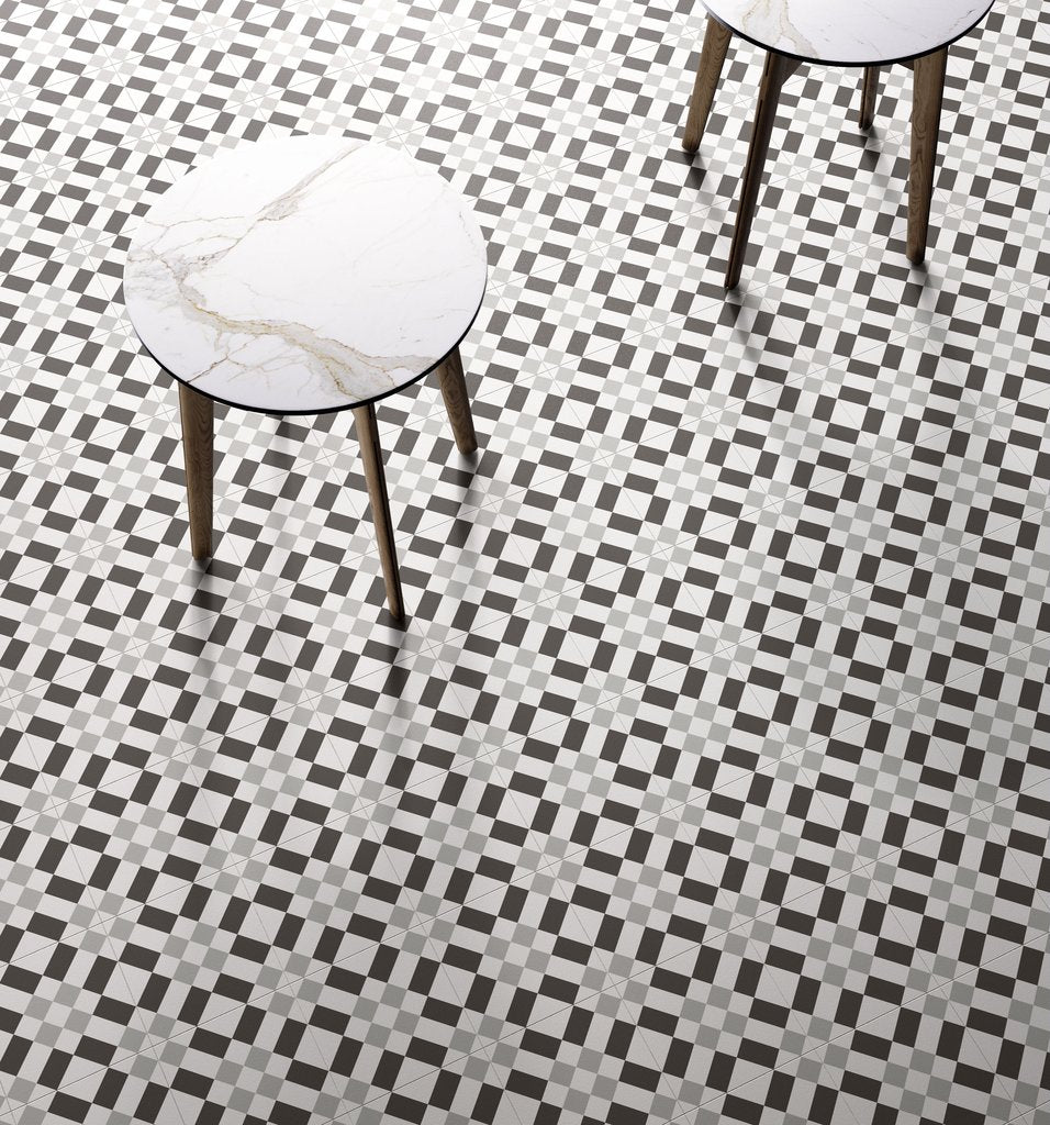7 Sq Ft Box of Patchwork Porcelain 8 x 8 Cement Look Tiles - Black and White 02