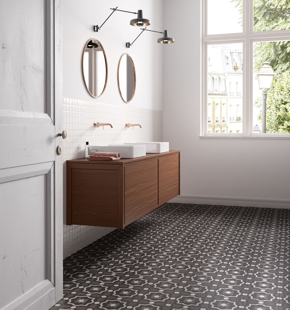 7 Sq Ft Box of Patchwork Porcelain 8 x 8 Cement Look Tiles - Black and White 04