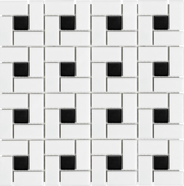 Glazed Porcelain White and Black Pin Wheel Mosaic Tiles