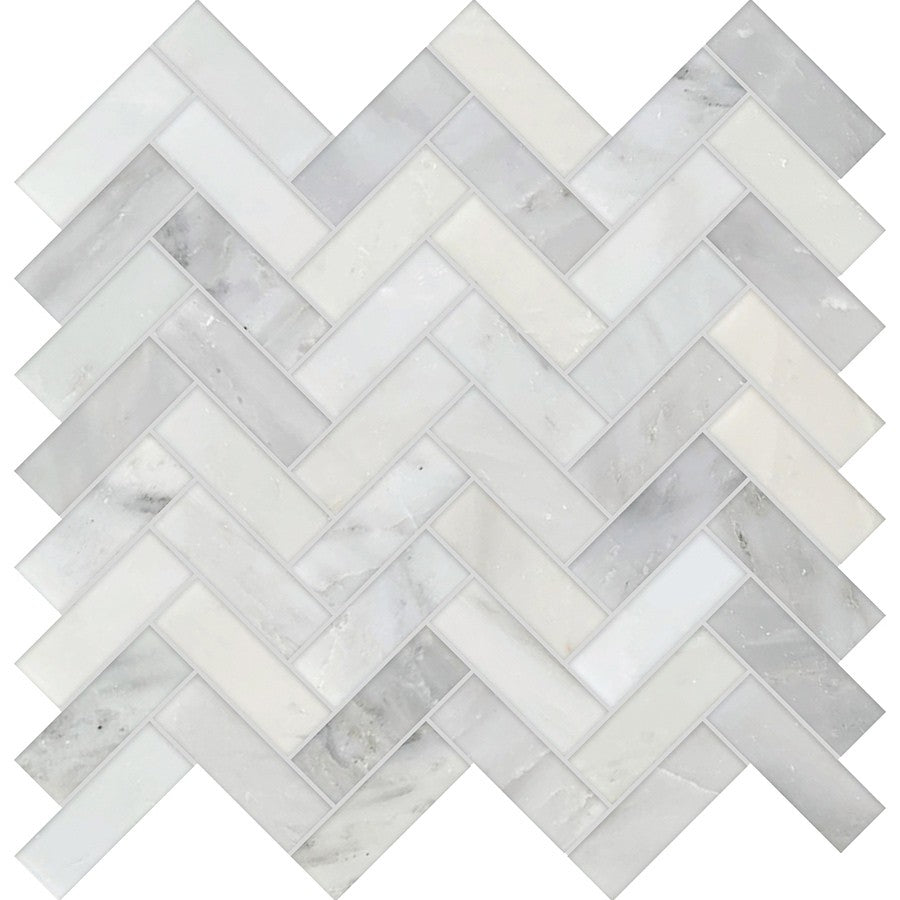 Studio Marble Polished 1" x 3" Herringbone Mosaic Tiles - Bianco Macchiato